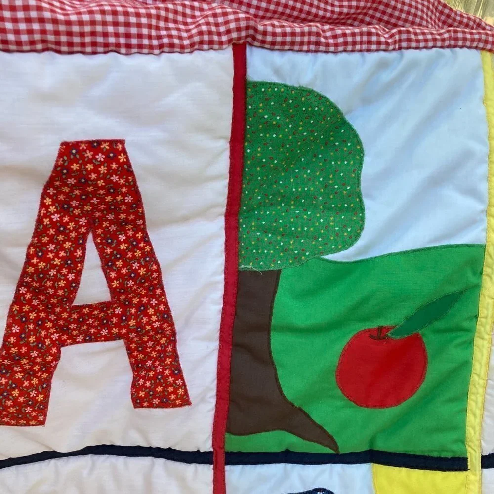 Vintage Handmade Baby Quilt ABC 123 Apple‎ Butterfly Cats 38 x 54